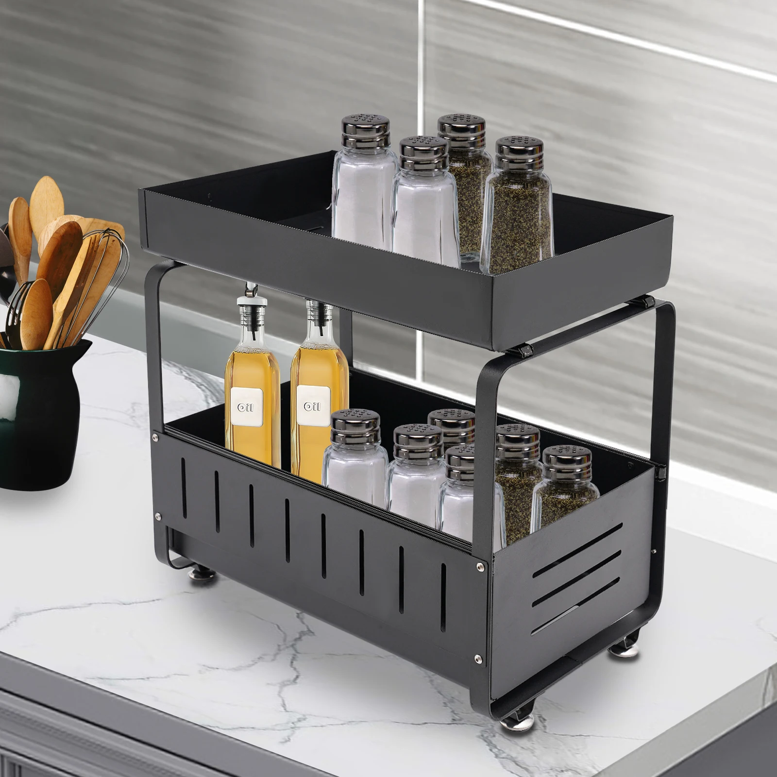 

2-Tier Under Sink Kitchen Cabinet Organizer With Sliding Storage Drawer