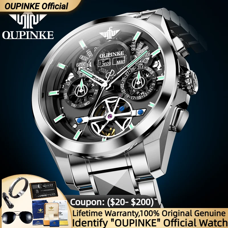 

OUPINKE Genuine Automatic Mechanical Men's Watches Tungsten steel Waterproof Skeleton Hollow Date Calendar Male Wristwatch 3233