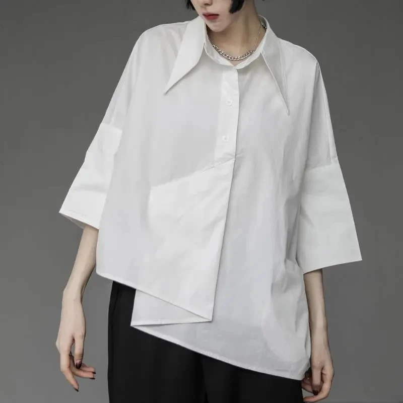 Summer Korean Loose Short Sleeved Black Shirt For Women Chic Design Irregular BF Blouse Ladies Casual Pullover Tops Blaus Shirts