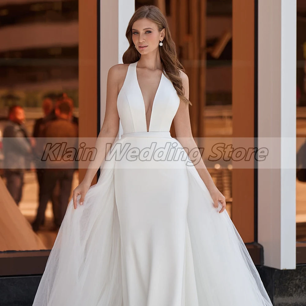 Weilinsha Mermaid Wedding Dress with Detachable Train Sexy Deep V Neck Jersey Brides Bridal Gown  Backless Vestido De Novia