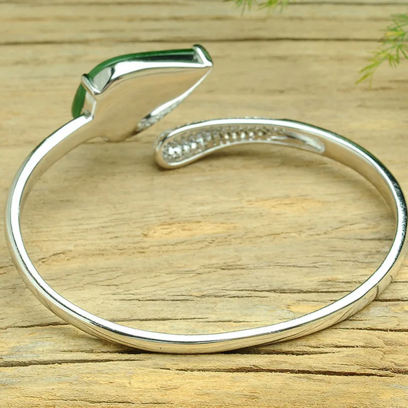 925 Bangle Inlaid With , Hetian Jade Leaf , Jasper Cabochon Silver Smooth Surface Thin Bracelet