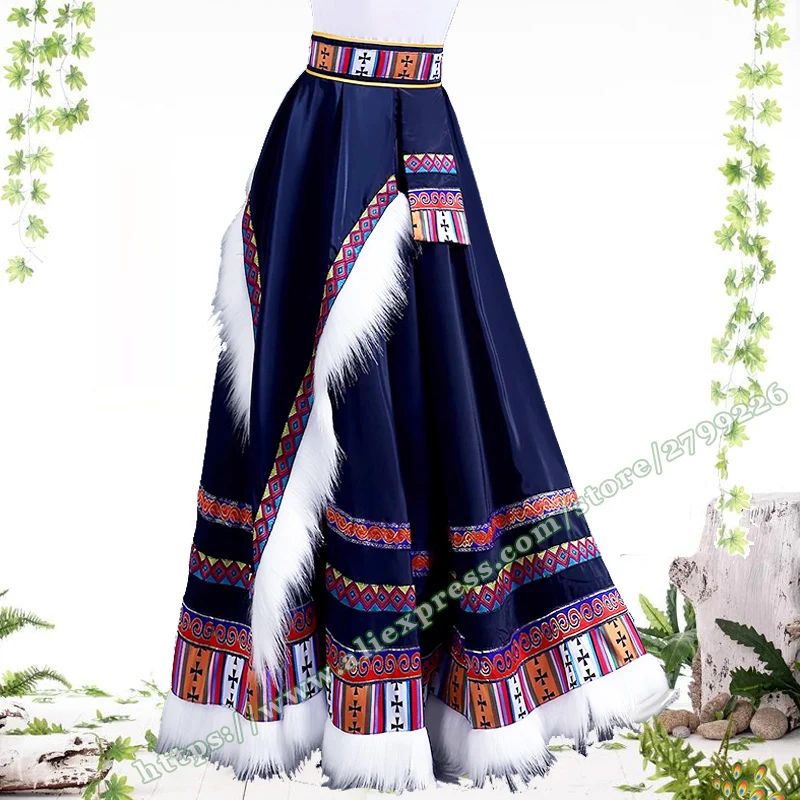 

2024 Novelty tribe national style Geometric pattern splicing Asymmetric pleated navy blue long women's skirt for Womens Skirts