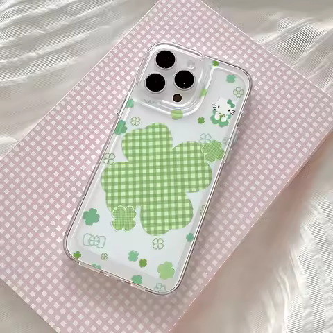 Green Four-leaf Hello Kitty Phone Case For Samsung Galaxy A14 A15 5G S21 S22 S23 S24 FE Plus Ultra A25 A35 A52 A53 A54 A55 5G