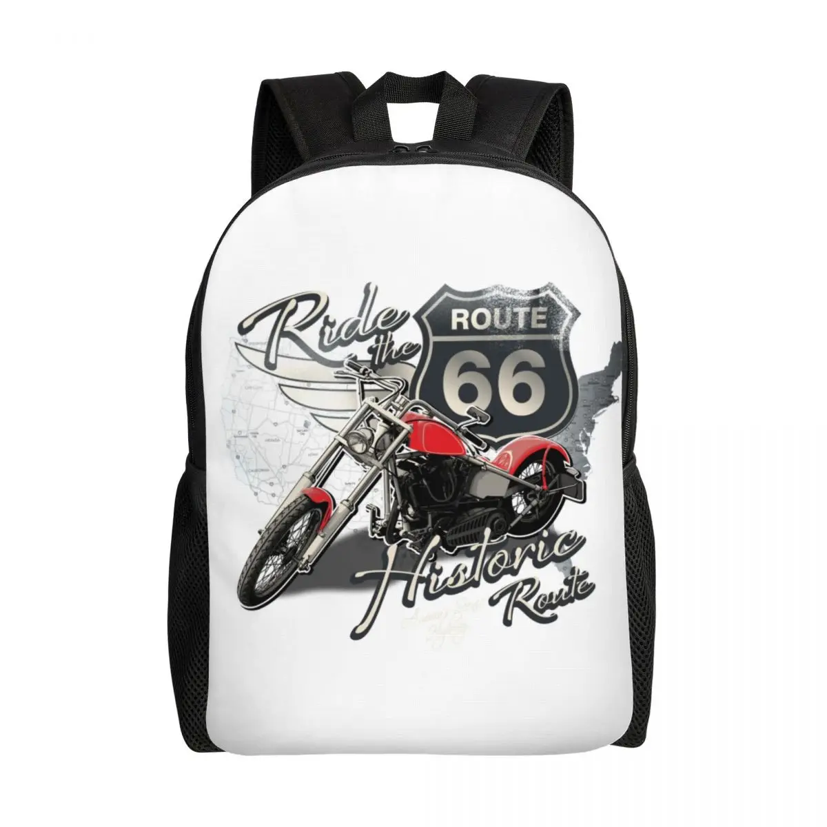 Custom Route 66 Travel Motorcycle Ride Travel Backpack  School Computer Bookbag American Road College Student Daypack Bags