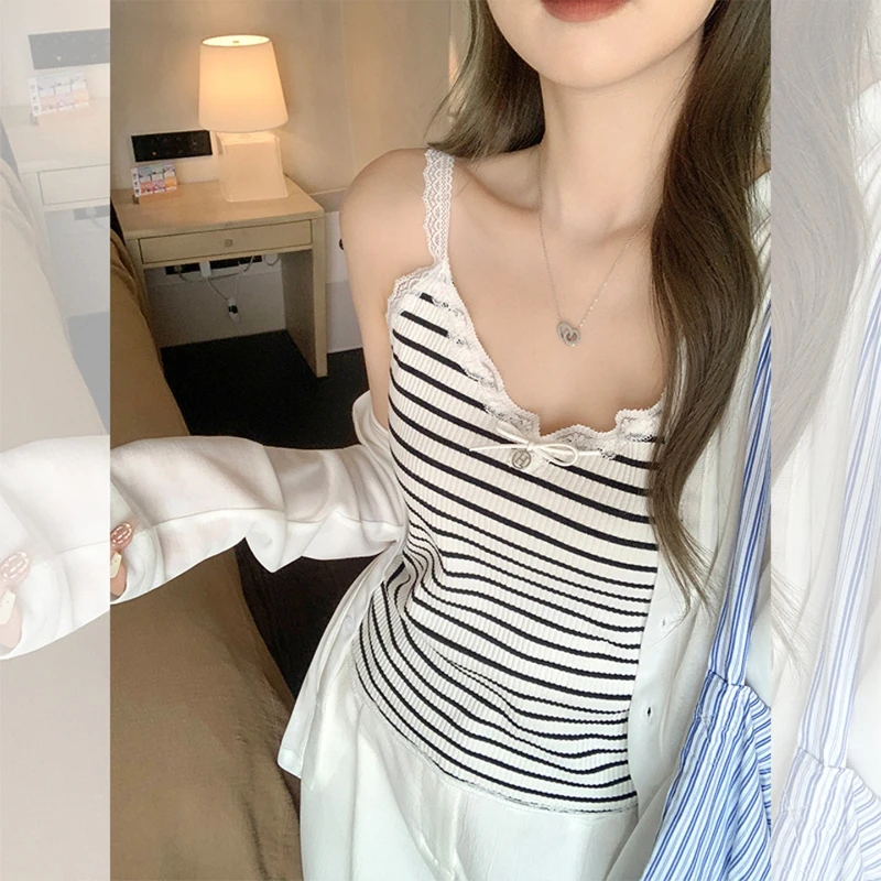 

2026 Spring/Summer New Black and White Striped Lace Splicing Bow Strap Tank Top for Women