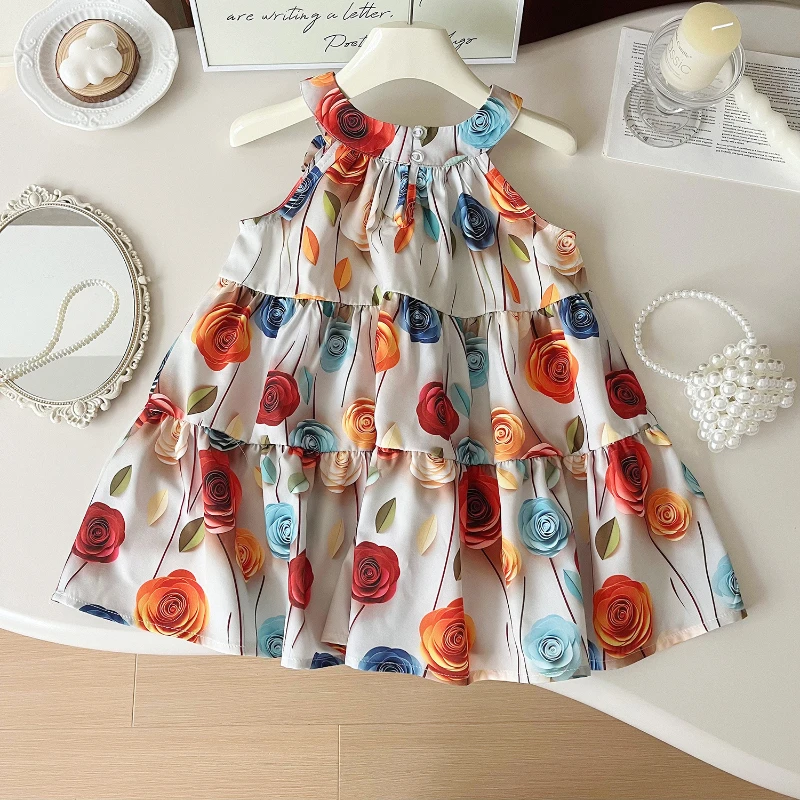 Girls' Sleeveless Dress Summer New Korean Version of Girls' Floral Fabric Multi-section Halter Dress with Hat