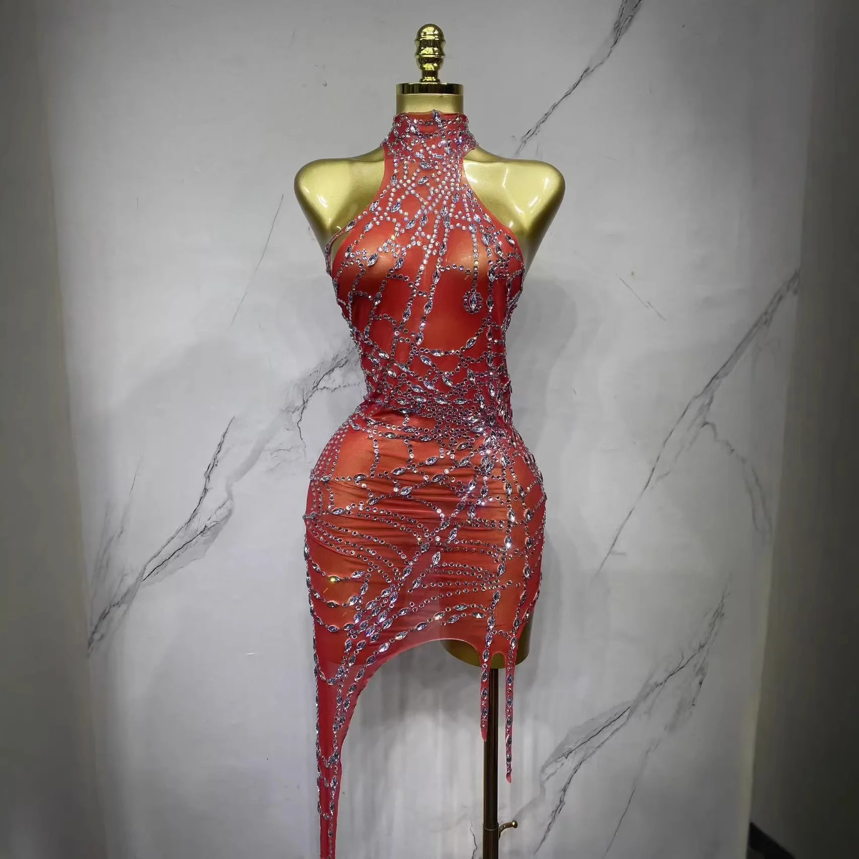 

Сверкающее мини-платье-боди из сетки со стразами для женщин, сексуальный костюм для ночных клубов, вечеринок, выступлений танцовщиц, сценический наряд