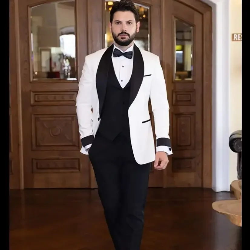 Único breasted magro ternos masculinos 3 peças formal casamento noivo smoking pico lapela conjunto moda jaqueta com calças pretas e colete