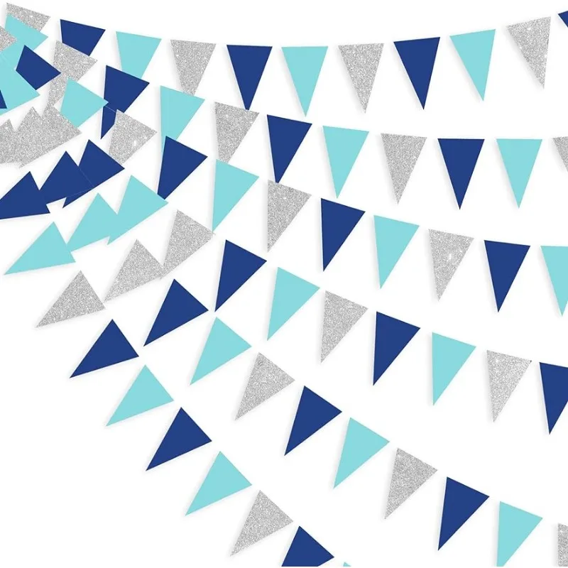 Navy Sky Blue Silver Gender Reveal Pennant Banner Hanging Paper Triangle Bunting Flag Garland for Birthday Bridal Party Supplies