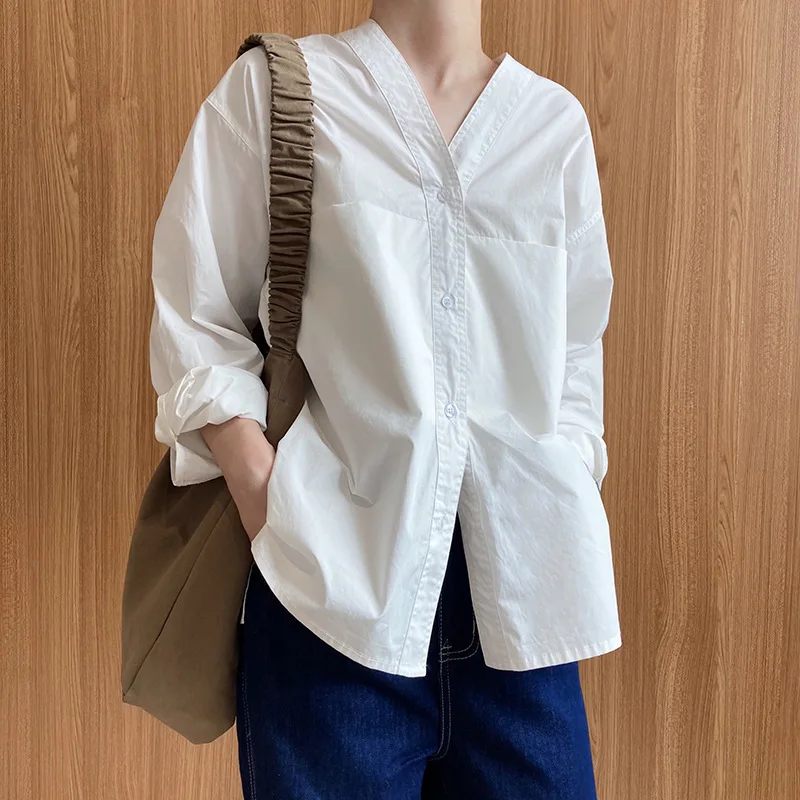 Retro small lapel long-sleeved shirt women\'s Korean spring new loose silhouette bat sleeve shirt