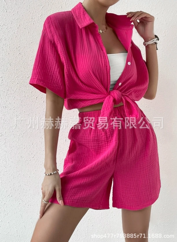 

Summer Women's Fashionable Shorts, Two Pieces of Solid Color Shirt Set, Women's Casual Loose Short Sleeved Single Breasted Set