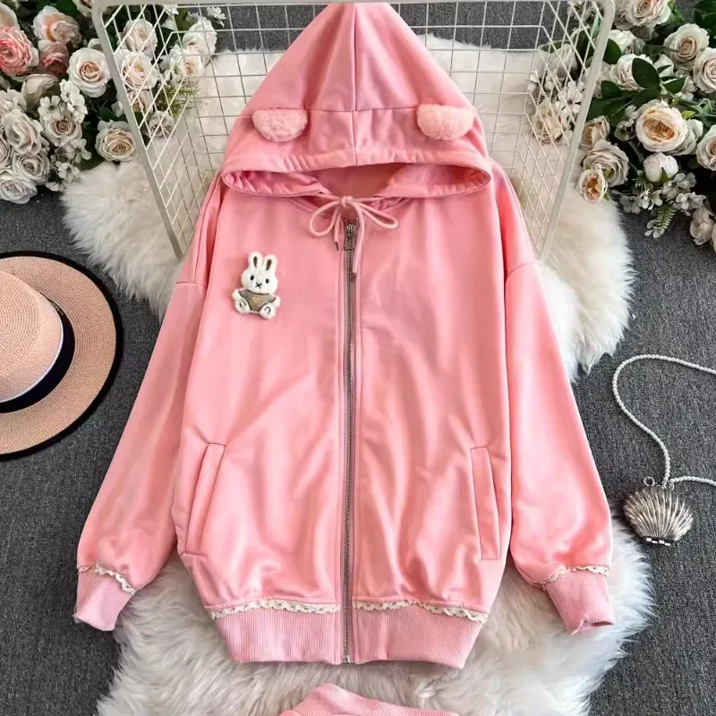 Japanese Streetwear Outfits Casual Kawaii Bunny Ears Hoodie +slimming Shorts Female Harajuku Suit Y2k Two Piece Sets