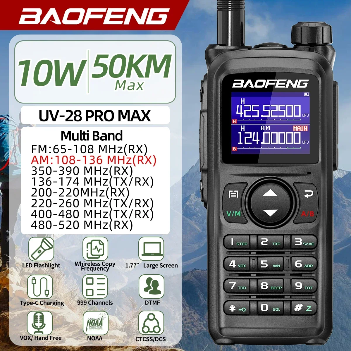 

BaoFeng UV-28 PRO MAX Walkie Talkie 10W Multi-Band 999CH Wireless Copy Frequency Long Range Type-C AM FM UHF NOAA Two Way Radio