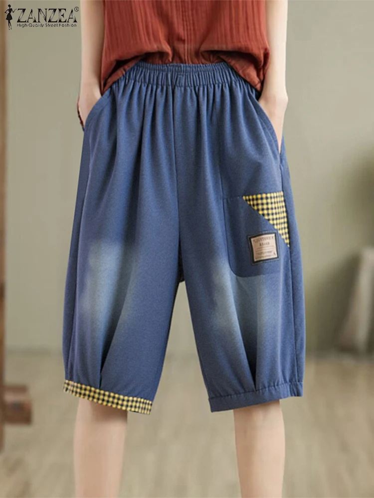 

ZANZEA Elastic Waist Denim Pants Women Casual Loose Korean Style Shorts Plaid Patchwork Bottom 2025 Pockets Knee Length Capris