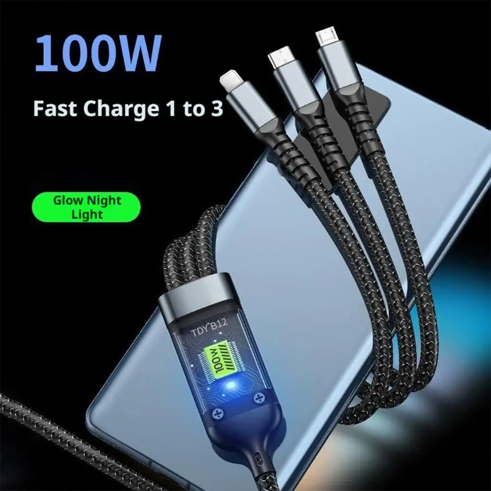 100W Super Fast Charging USB C Type 3 In 1 Data Cable With Light For IPhone Samsung Xiaomi Huawei Fast Charging Cords