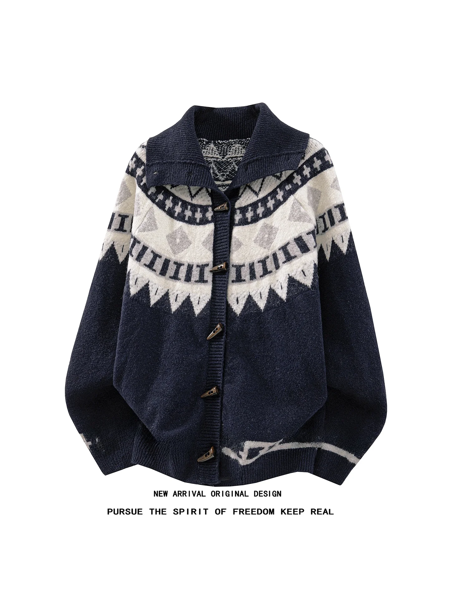 American Style Loose Men's Knitted Sweater Cardigan with Horn Buttons Stand Collar Autumn Winter Warm Geometric Patterned Coat