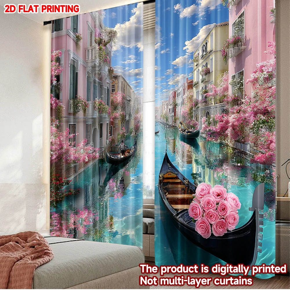 2pcs Venice Canal Curtains  Digital Printing, Pastel Buildings with Gondolas & Pink Flowers on Blue Sky for Living Room Decor