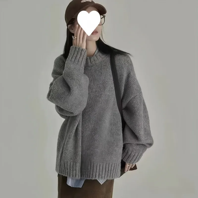 

Ленивый стиль, пуловер с круглым вырезом в стиле ретро, свободный однотонный толстый свитер для женщин снаружи внутри и снизу