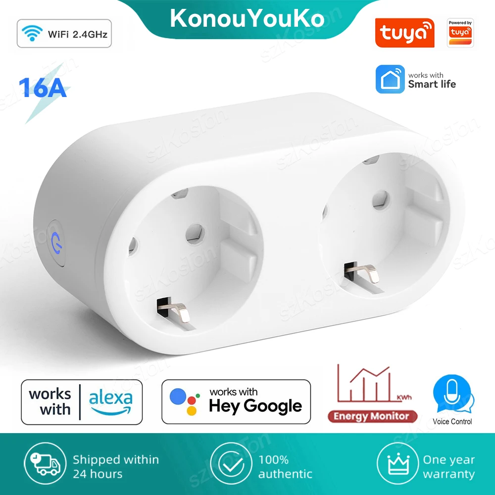 EU Socket Wifi Smart Plug Dual Outlets 16A Power Monitor Timing Smart Life App Remote Control Works with Alexa Google Home