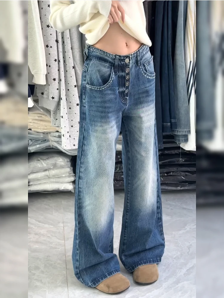 

Джинсы женские свободного кроя в американском стиле High Street, весенние, повседневные, с эффектом потертости, джинсовые брюки с эффектом драпировки