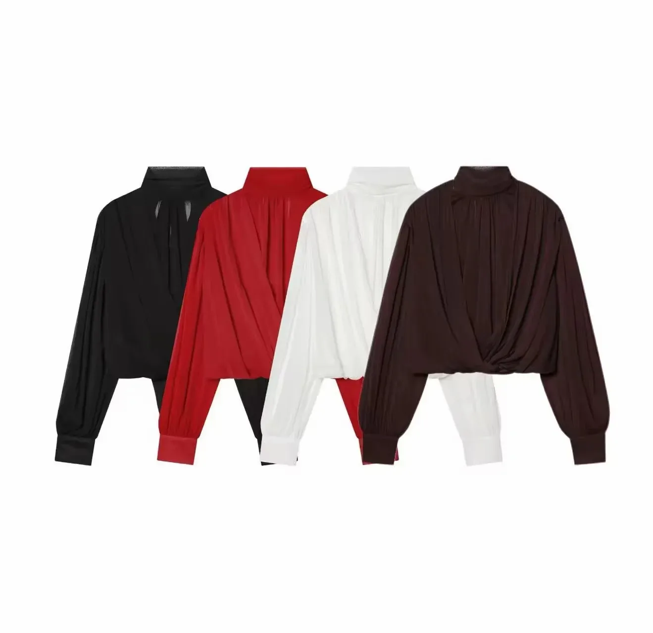Damen Perspektiv-Hemden und -Tops: Modische, lockere, langärmelige, elegante Frühlingsblusen mit schickem Stehkragen für Frauen – Detail 2