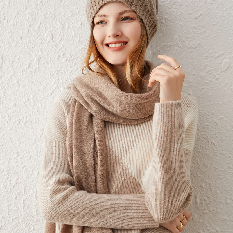 وشاح نسائي من الكشمير الخالص 100% الأكثر مبيعًا، عصري ودافئ، وشاح كشمير طويل محبوك للنساء لخريف وشتاء