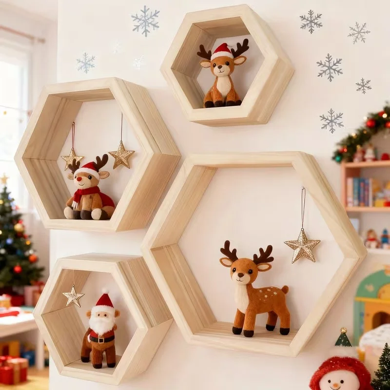 2026 Latest Models Hexagonal Floating Shelves Wall-Mounted Wooden Storage Honeycomb Rack for Home Decoration Wall Mounted