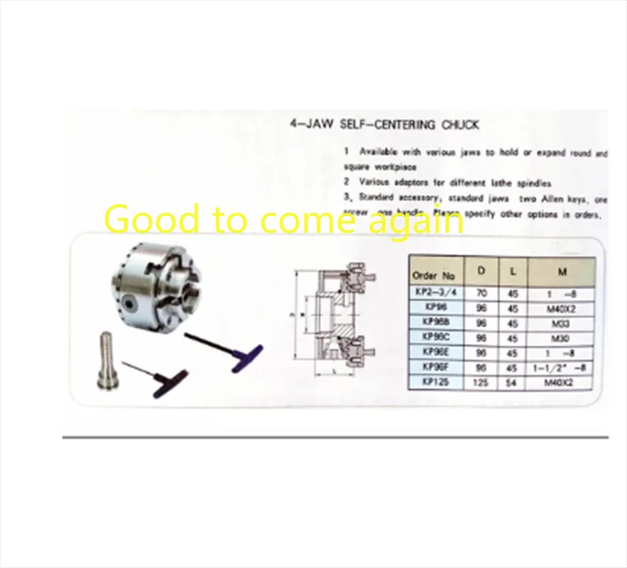 KP125 4-Jaw Self-Centering Chuck For Wood Lathe High Precision Woodworking Chuck 5 Inch 125MM Thread M40x2 Clamping 20-100MM