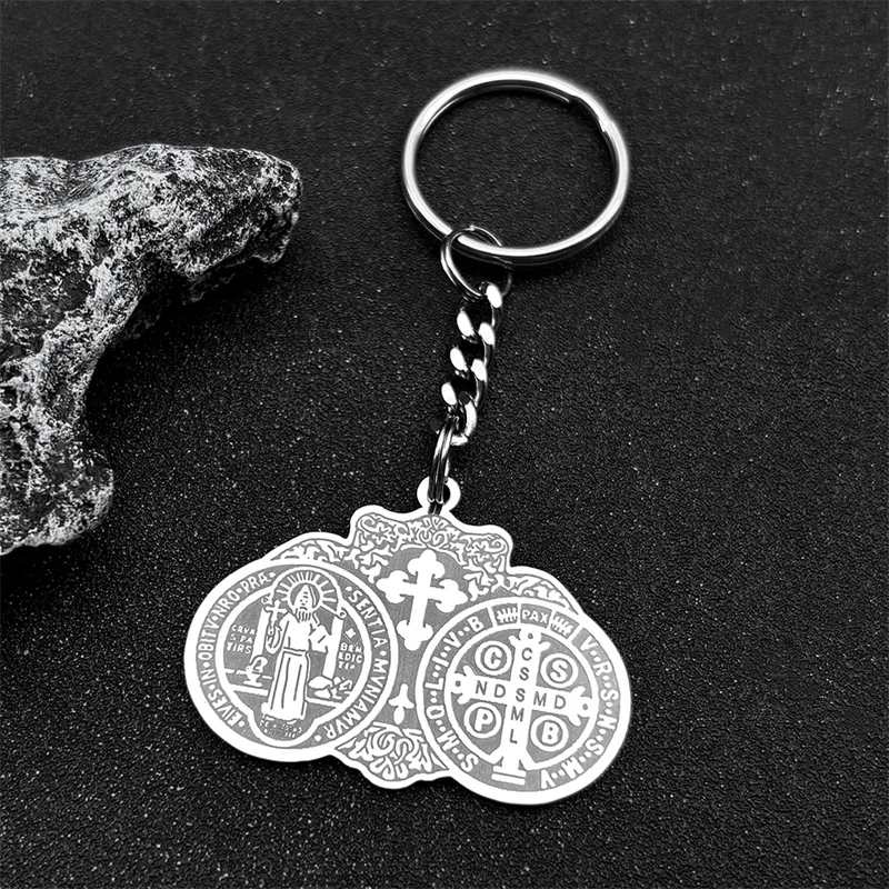 Catholic Saint Benedict Cross Medal Key Rings for Women Men Stainless Steel Gold Color Religious San Benito Key Chain Jewelry - Image 2