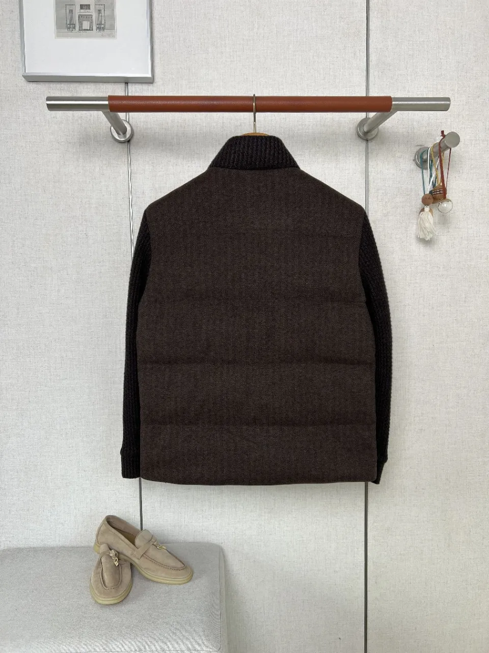 ZEG Men Old Money Wool Blend Knit Rib Stand Collar Embroidered Down Bomber Jacket