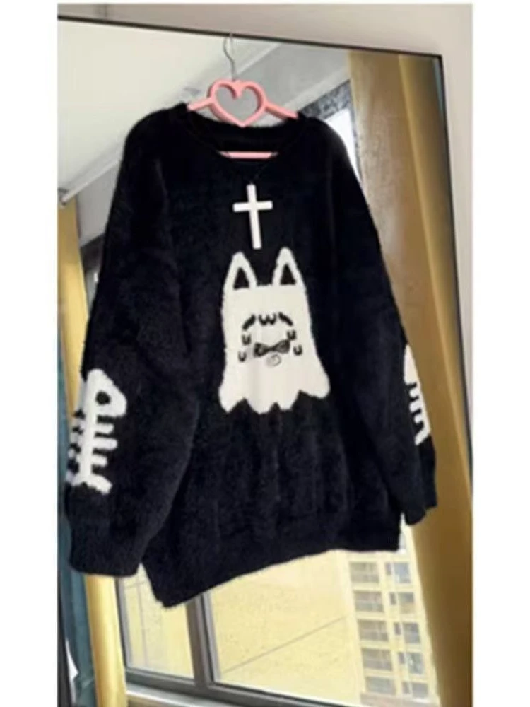 Pull en tricot noir de Style doux japonais pour femme, ample, col rond, gothique, Vintage, Y2k, mode automne hiver, hauts amples