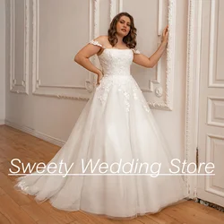 Ivory Wedding Dress Plus Size Elegant Off The Shoulder Boat Neck Applique Sweep Train A Line Glitter Tulle Woman Bridal Gown