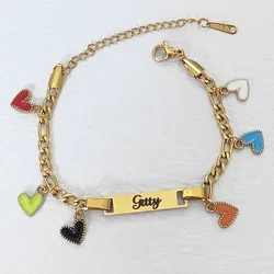 Customized Name Children's Love Colorful Enamel Heart shaped Name Girl Bracelet Stainless Steel Laser Engraved Cute Bracelet Gif