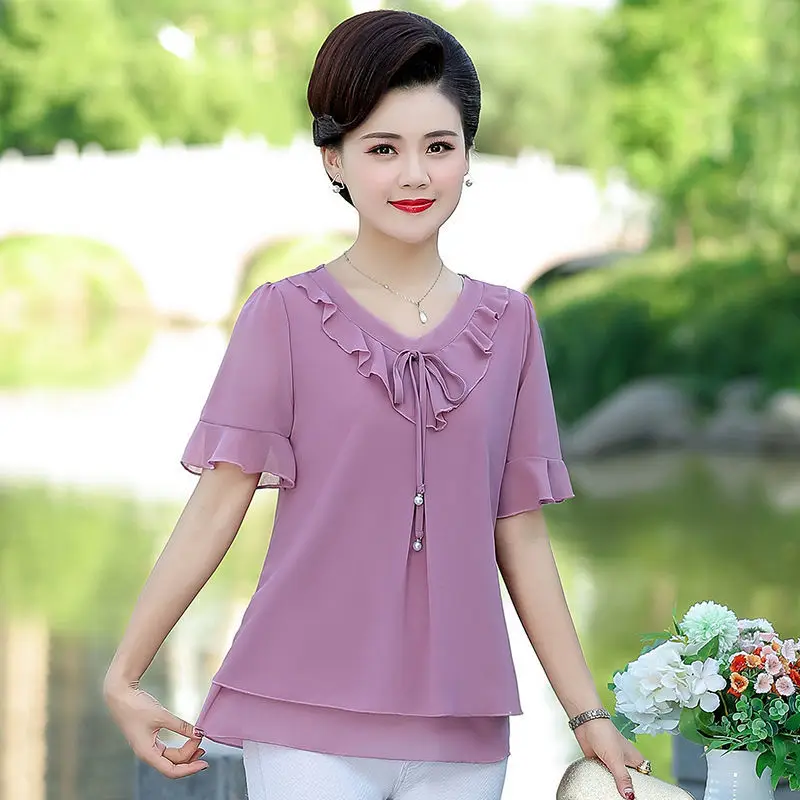 New Summer Oversized Women Chiffon Blouse Lotus Leaf Collar Short Sleeve Loose Shirts Lady Tops Blusas De Mujer Moda 2023 Verano