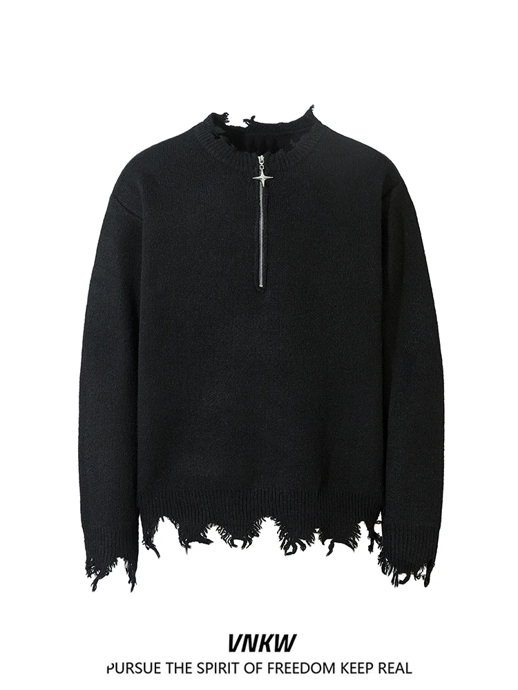 

Мужской вязаный свитер в американском ретро-стиле с молнией, свободный крой, круглый вырез, повседневный, модный, осенне-зимний