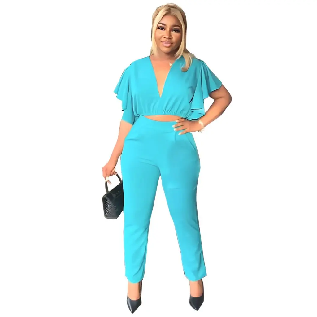 

Deep V Crop Top And Slim Fit Straight Leg Pants Casual Two-piece Set for Women Europe And America Style 9759