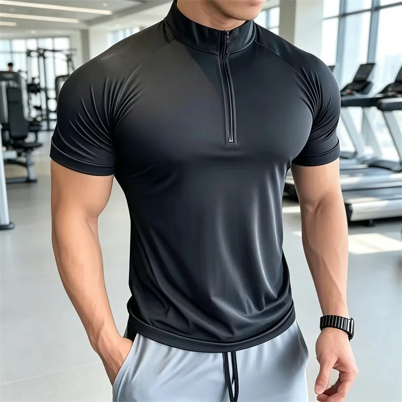 Men's Sports T-Shirt Quick Dry Elastic Training Running T Shirt Men Fitness Short Sleeve Half zipper Round Neck Tights Tops