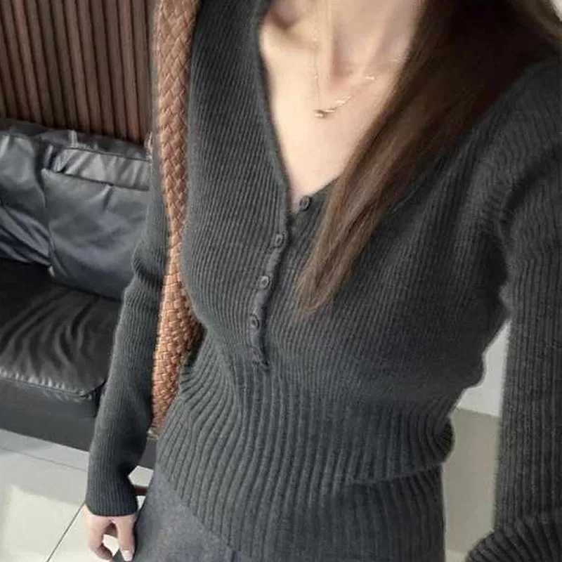 

Вязаный свитер, женские пуловеры, новый черный вязаный свитер с длинным рукавом и v-образным вырезом, пуловер, женские топы, трикотажные изделия Sueters De Mujer Q976