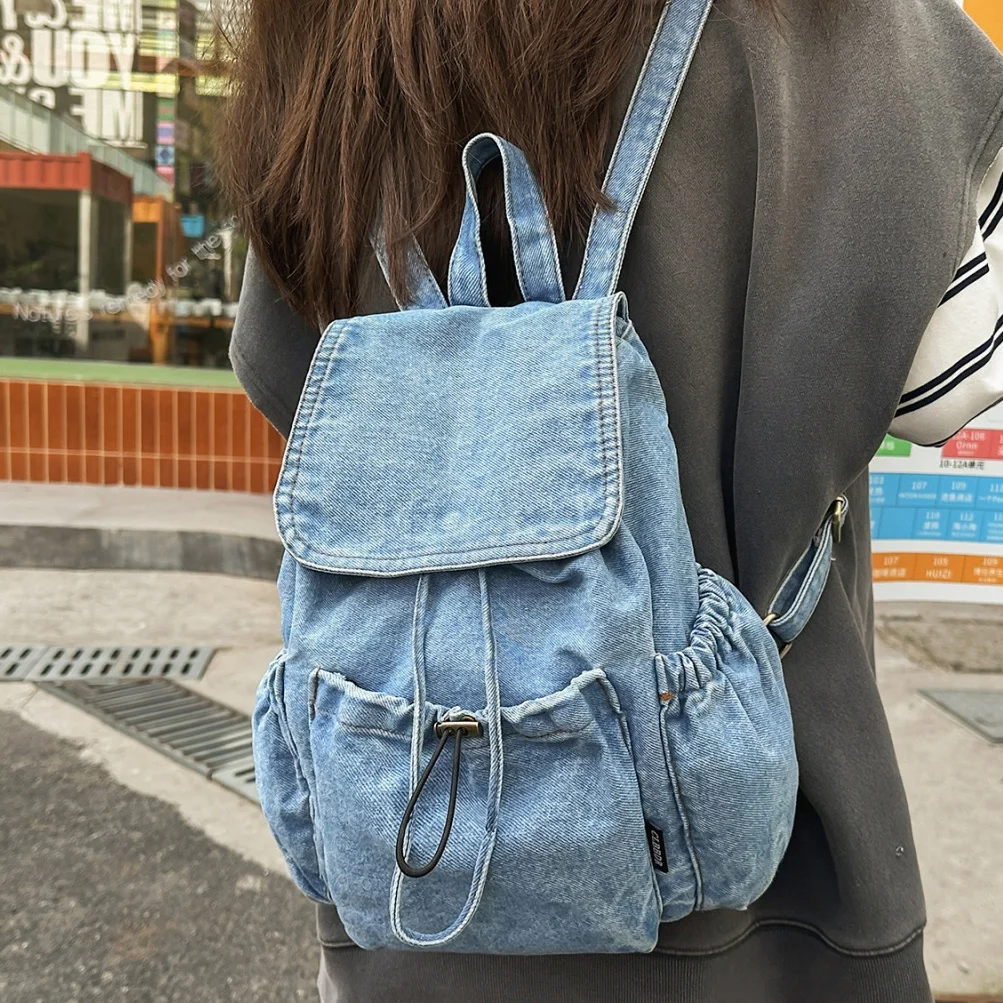 

Denim Drawstring Backpack Women Travel Outing Shoulder Bag Large capacity Fashion Female Schoolbags Suitable For Girls Daypack