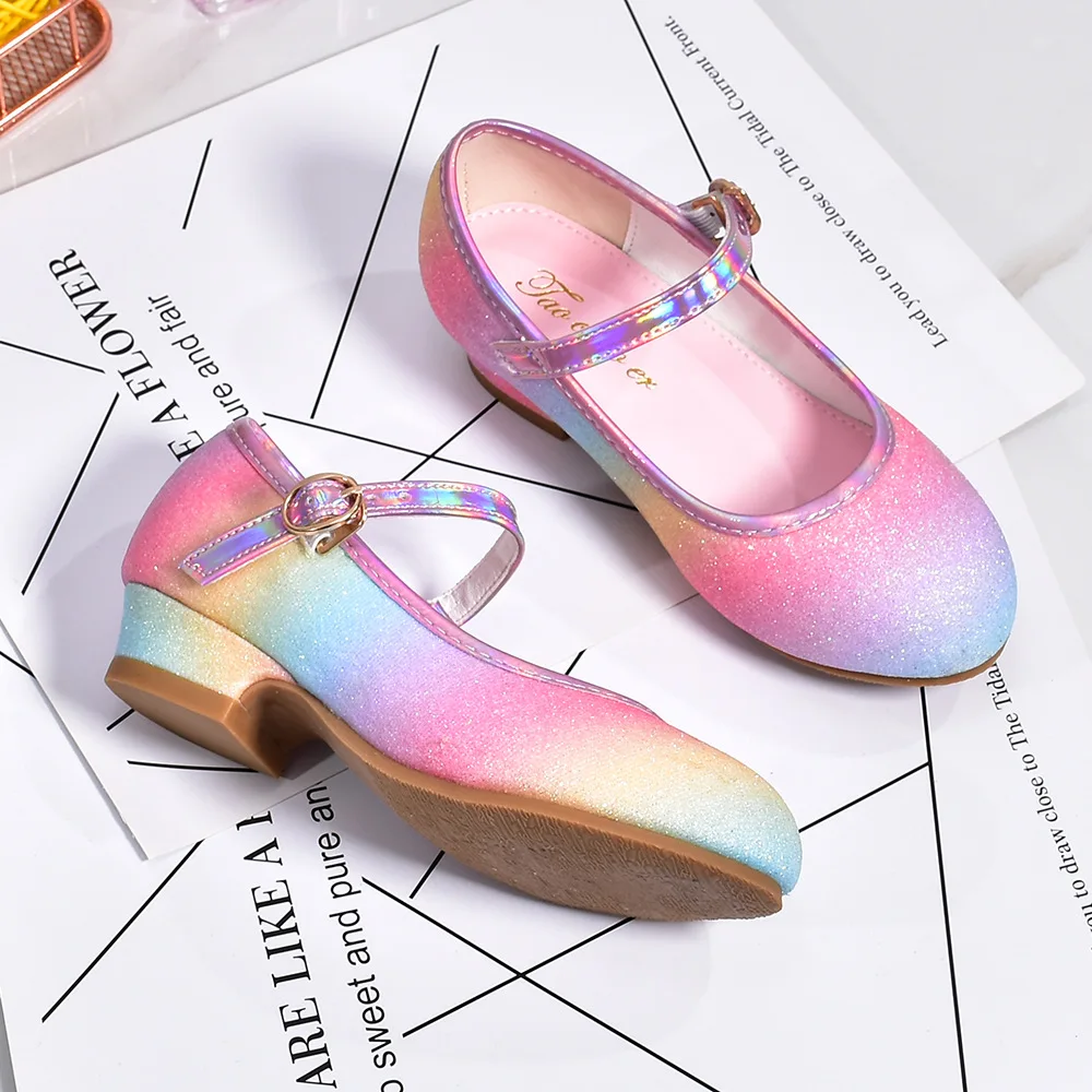 zapatos niña Girl Shoes Leather Shoes 23 Rainbow Color Shoes for Women Sequins High Heels Shoes Colorful Crystal Kid Shoes туфли