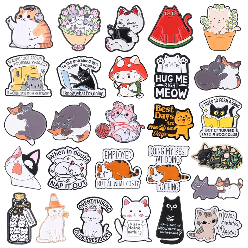 Cartoon Reading Book Cat Enamel Pins Spanish Cat Fruit Mushroom Floral Yarn Ball Kitten Cute Animal Brooches Badge Jewelry Gifts
