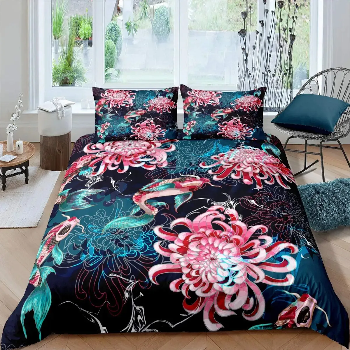 Koi Fish Duvet Cover Set King Size Oriental Asian Culture Lotus Bedding Set Microfiber Twin Cloud Quilt Cover For Girl Farmhouse