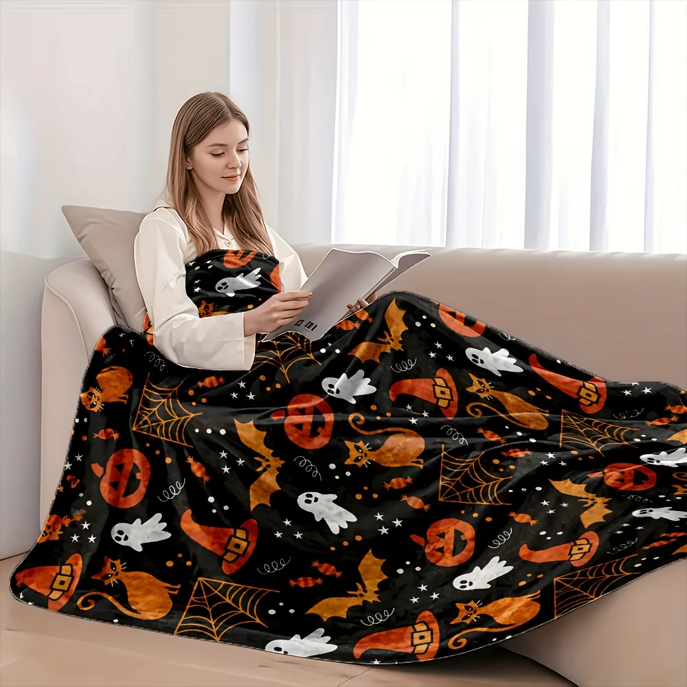 1pc Halloween All-Over Print Flannel Throw Blanket, Soft Comfort, Skin-Friendly Warm, Machine Washable, Multi-Size, 280GSM, for Bedroom, Sofa, Bedding, Travel, Camping, Outdoor, All-Season, Ideal Halloween Gift, Halloween Gift Choice