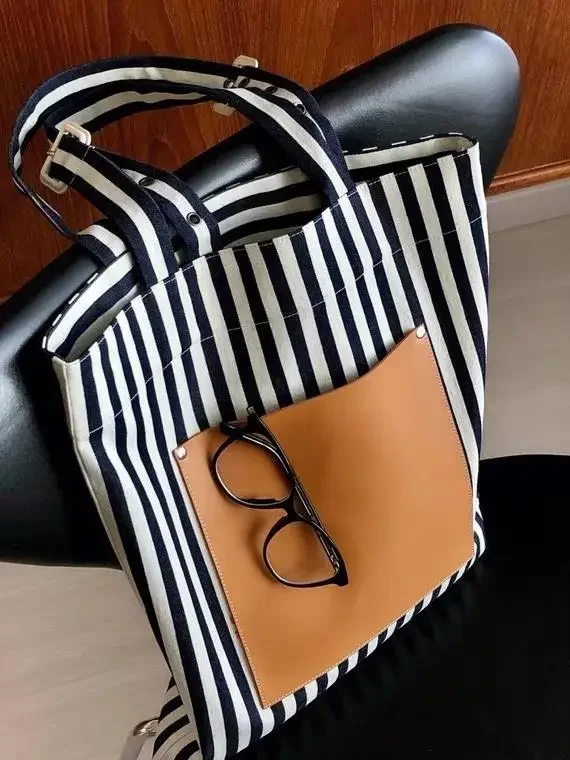 Shoulder Bags New Simple Casual Canvas Solid Color Striped Tote Fashion Pocket Handbags High Capacity Solid