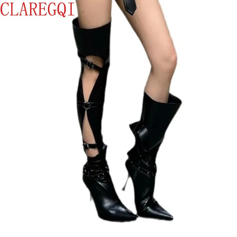 Pointed Toe And Thin Heel Black Heel Boots Hollow Out Hot Girl Belt Buckle Strap Tall Boots For Women Fashion Wear two