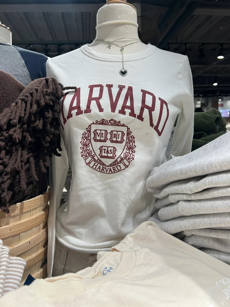 

Letter Print Long Sleeve Slim T-shirt Women Autumn Round Neck Cotton Tee Shirts Female Y2k Streetwear Vintage Fashion Crop Tops