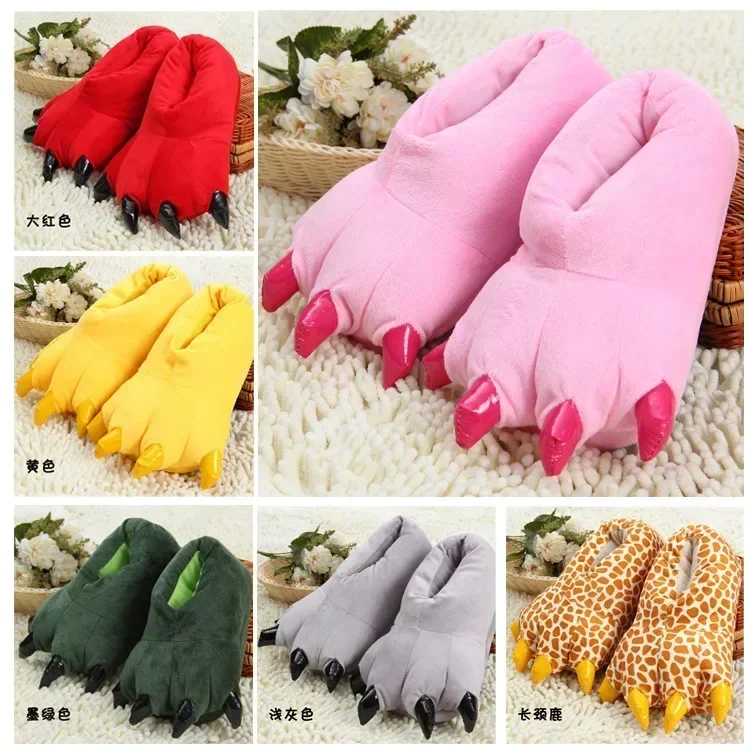 Cute Plush Toy Slippers Winter Animal Pajamas Stitch Tiger Dinosaur Paw Cartoon Warm Home Slippers Women Winter