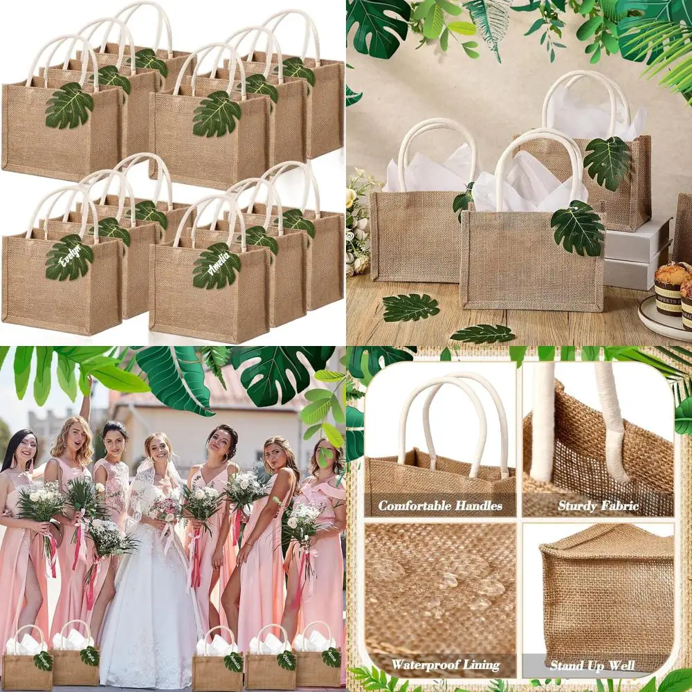 

12-Piece Set of Jute Tote Bags with Monstera Tags for Bachelorette Party Favors