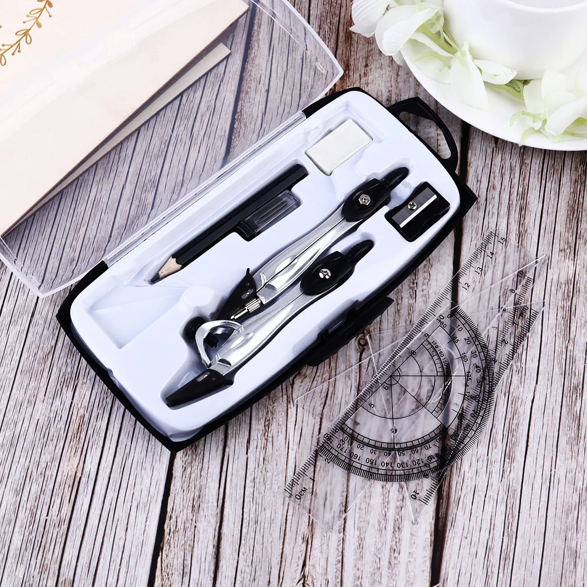 مجموعة أدوات الرسم بوصلة معدنية مسطرة مستقيمة مثلث منقلة قلم رصاص ممحاة مبراة عدة لقرطاسية امتحان الطلاب