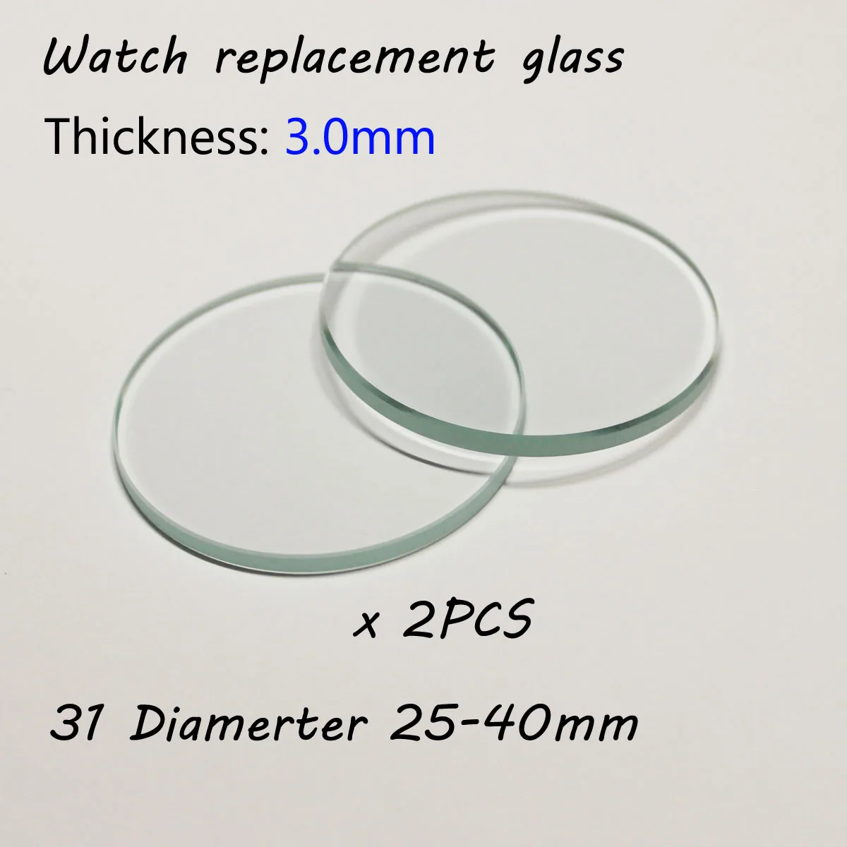 2pcs Watch Glass Flat Round Mineral Glass Thickness 3.0 mm , 25mm - 40mm Diameter Transparent Plane Crystal Watch Repair Parts